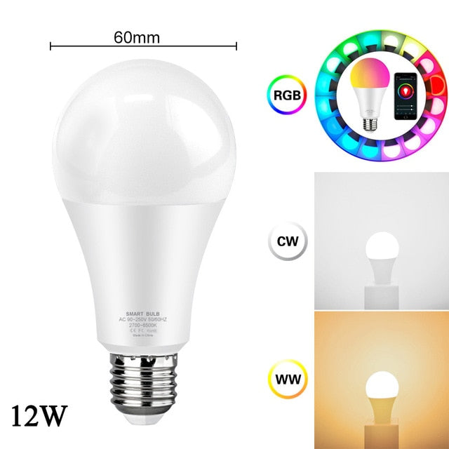 WiFi Smart Light Bulb 12w 15w Color Changing Light E27 RGB RGBW LED Bulb Dimmable Alexa Compatible Tuya Smart Life APP Google